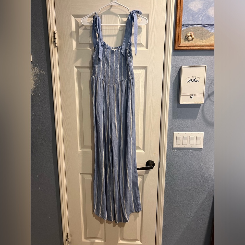 Blue and white striped jumpsuit/romper